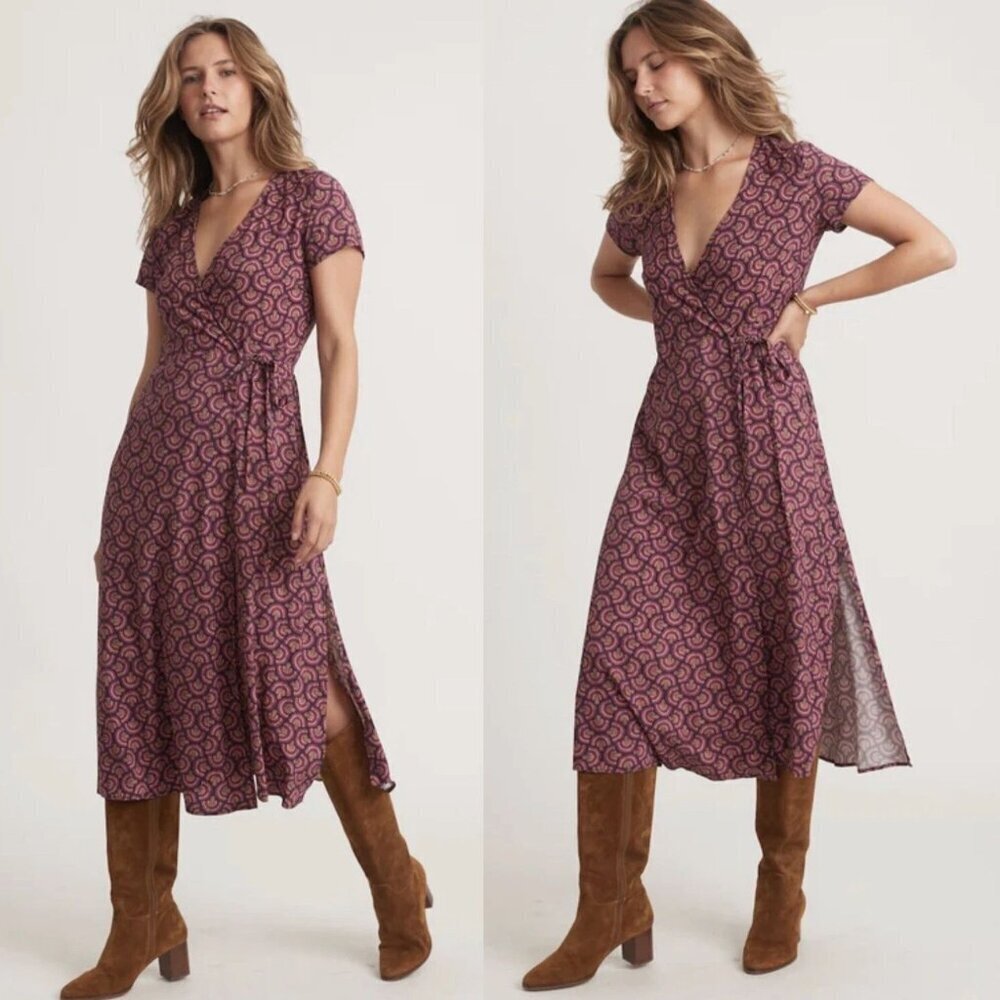 Women's Burgundy Printed Wrap Midi Dress